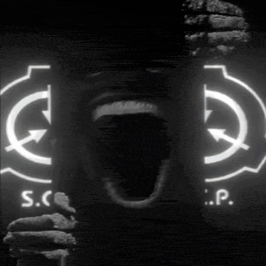 A Black And White Photo Of A Person Screaming In Front Of A S.c.p. Logo GIF