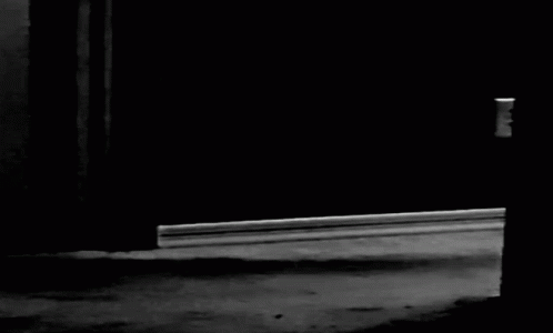 A Black And White Photo Of A Person Standing In A Dark Room . GIF