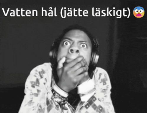 A Black And White Photo Of A Person Wearing Headphones With The Caption Vatten Hal ( Jette Laskigt ) GIF