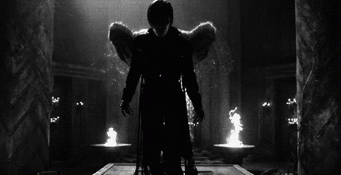 A Black And White Photo Of A Person With Angel Wings . GIF