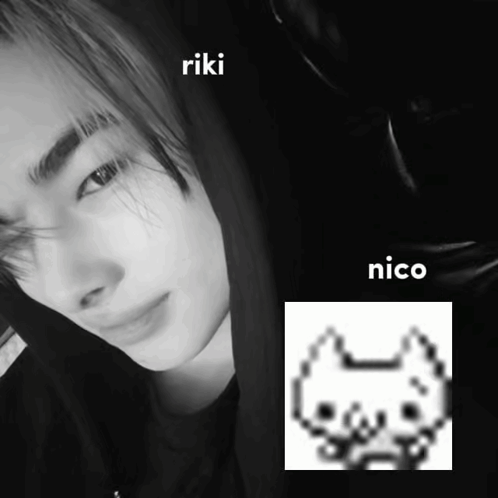 a black and white photo of a person with riki and nico written on the bottom