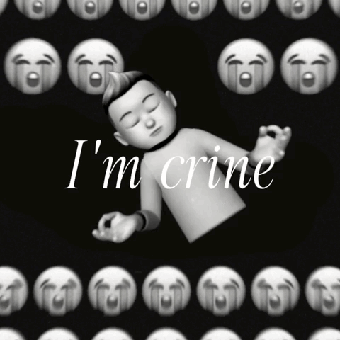 A Black And White Photo Of A Person With The Words " I 'M Crine " Above Them GIF