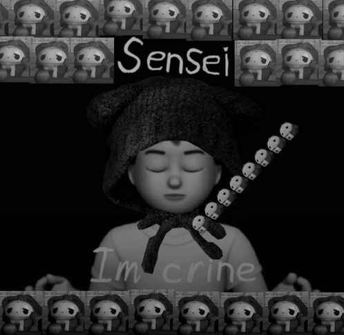 A Black And White Photo Of A Person With The Words Sensei I 'M Crine On It GIF