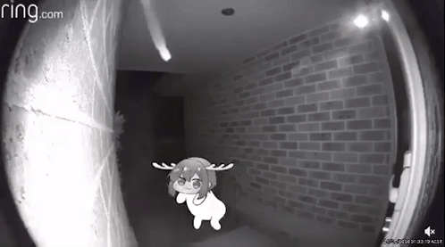 a black and white photo of a ring doorbell with a cartoon character in the background .