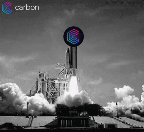 A Black And White Photo Of A Rocket Being Launched With A Carbon Logo In The Foreground GIF