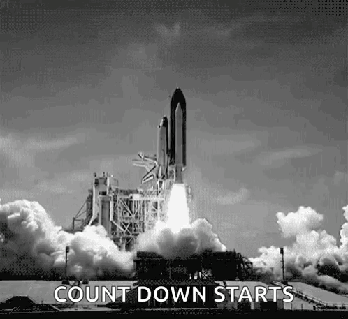 A Black And White Photo Of A Rocket Taking Off With The Words `` Count Down Starts '' Written Below It . GIF