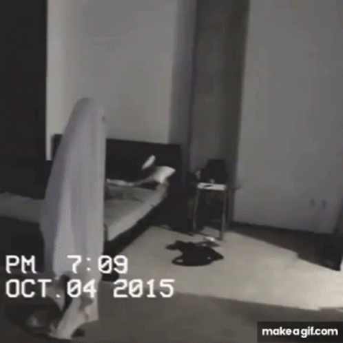 A Black And White Photo Of A Room With A Bed And A Ghost . GIF