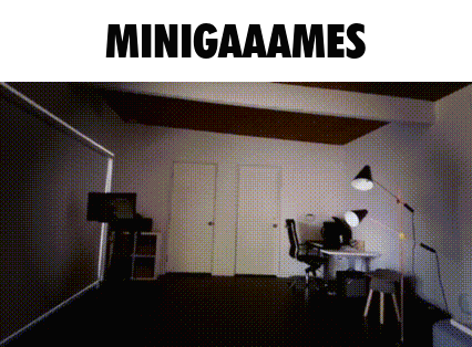 A Black And White Photo Of A Room With The Words Minigaaames On Top GIF