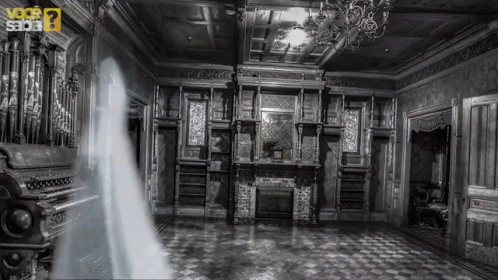 A Black And White Photo Of A Room With The Words Voce Sabia GIF