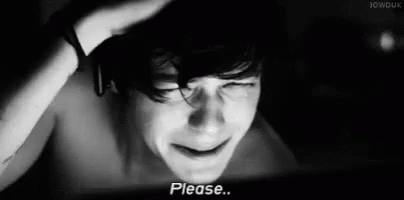 A Black And White Photo Of A Shirtless Man Crying With The Words `` Please '' Written On The Bottom . GIF