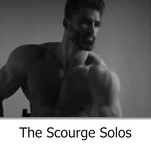 A Black And White Photo Of A Shirtless Man With The Words The Scourge Solos Above Him GIF