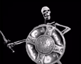 a black and white photo of a skeleton holding a shield and sword .