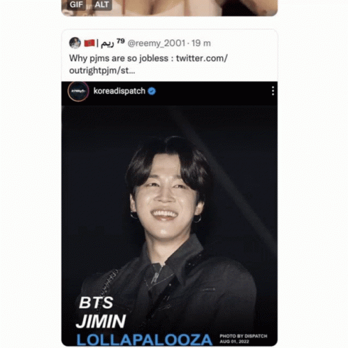 A Black And White Photo Of A Smiling Person With The Caption Bts Jimin Lollapalooza GIF