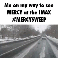 A Black And White Photo Of A Snowy Road With The Words `` Me On My Way To See Mercy At The Imax '' GIF