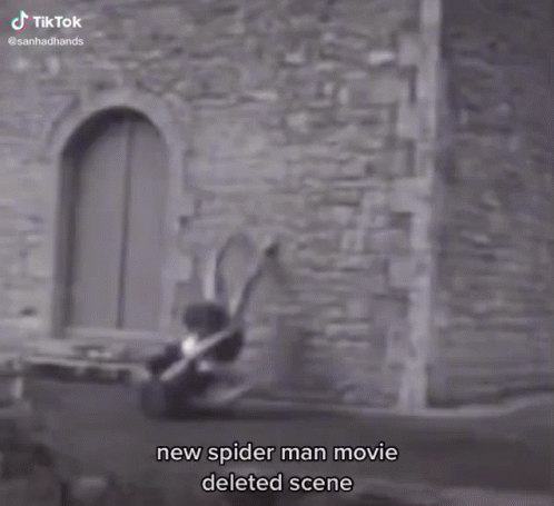 A Black And White Photo Of A Spider Man Movie Scene With The Caption " New Spider Man Movie Deleted Scene " GIF