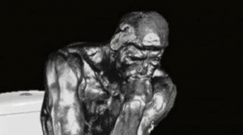 A Black And White Photo Of A Statue Of A Man Sitting On Top Of A Toilet . GIF