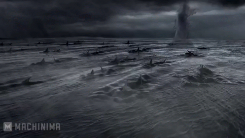 A Black And White Photo Of A Stormy Ocean With A Tornado Coming Out Of It . GIF