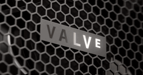 A Black And White Photo Of A Valve Logo On A Metal Mesh GIF