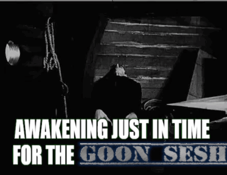 A Black And White Photo Of A Vampire With The Words Awakening Just In Time For The Goon Ssh GIF