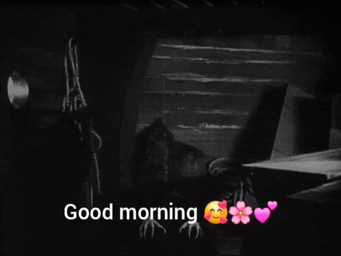 A Black And White Photo Of A Vampire With The Words Good Morning Below Him GIF