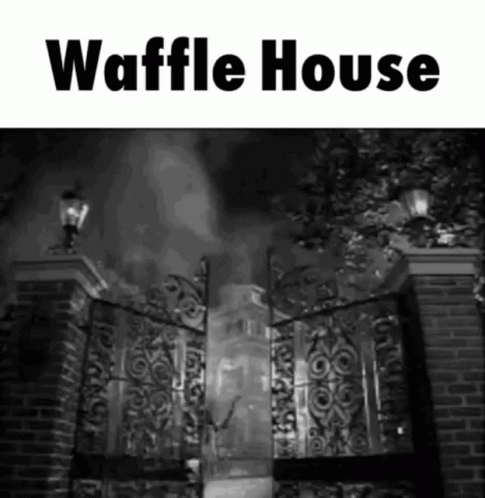 A Black And White Photo Of A Waffle House Gate With Smoke Coming Out Of It GIF