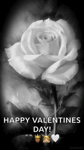 A Black And White Photo Of A White Rose With The Words Happy Valentines Day Below It GIF