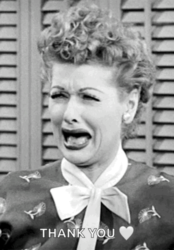 A Black And White Photo Of A Woman Crying With The Words `` Thank You '' Below Her . GIF