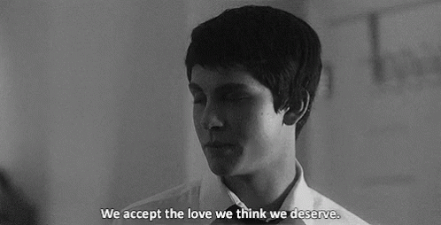 A Black And White Photo Of A Woman Crying With The Words We Accept The Love We Think We Deserve Below Her GIF