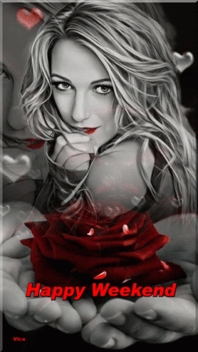 A Black And White Photo Of A Woman Holding A Red Rose With The Words Happy Weekend On The Bottom GIF