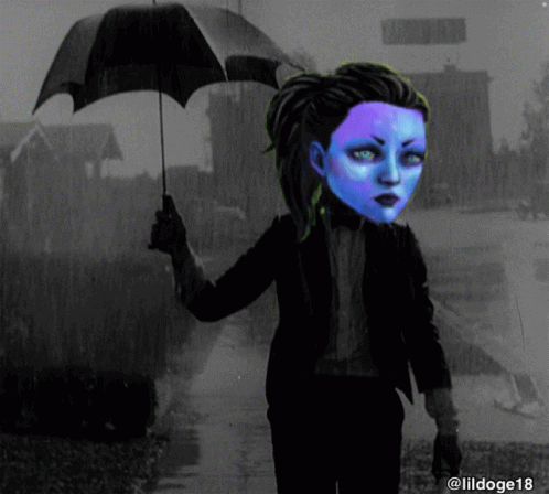 A Black And White Photo Of A Woman Holding An Umbrella With A Blue Face GIF