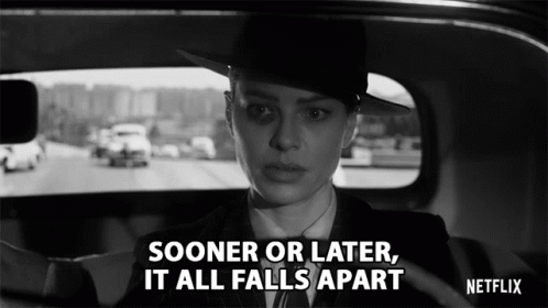 a black and white photo of a woman in a car with the words sooner or later it all falls apart