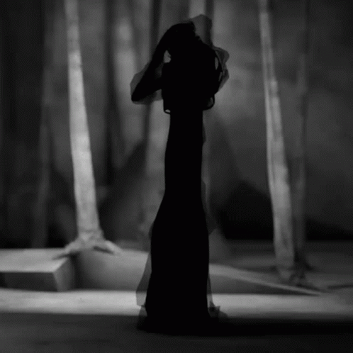 A Black And White Photo Of A Woman In A Long Black Dress In A Forest GIF