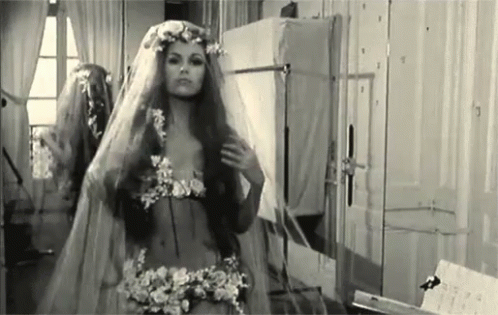 A Black And White Photo Of A Woman In A Wedding Dress And Veil . GIF