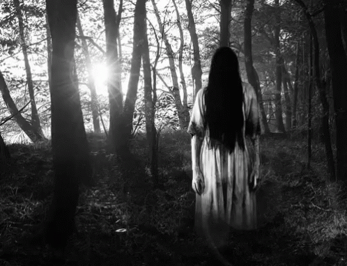 A Black And White Photo Of A Woman In A White Dress Standing In The Woods . GIF