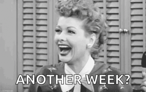 A Black And White Photo Of A Woman Laughing And Saying Another Week . GIF