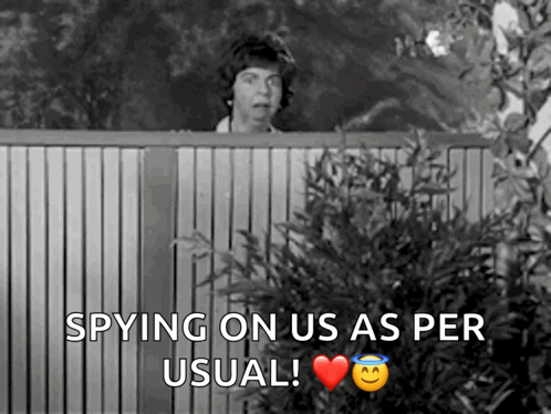 A Black And White Photo Of A Woman Peeking Over A Fence With The Words Spying On Us As Per Usual GIF