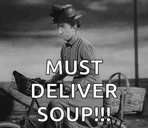 A Black And White Photo Of A Woman Riding A Bike With The Caption Must Deliver Soup !!! GIF