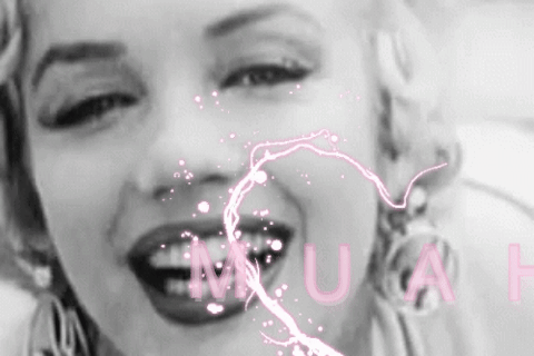 A Black And White Photo Of A Woman 'S Face With The Word Muse Written In Pink GIF