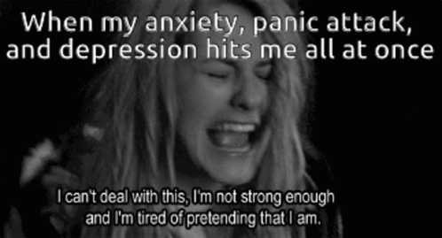 a black and white photo of a woman screaming with the caption " when my anxiety panic attack and depression hits me all