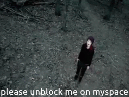 A Black And White Photo Of A Woman Screaming With The Words Please Unblock Me On Myspace Below Her GIF