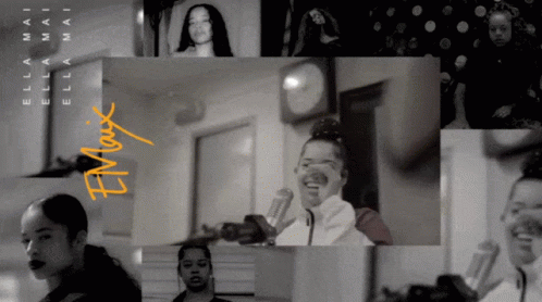 A Black And White Photo Of A Woman Singing Into A Microphone With Ella Mai Written In Yellow GIF