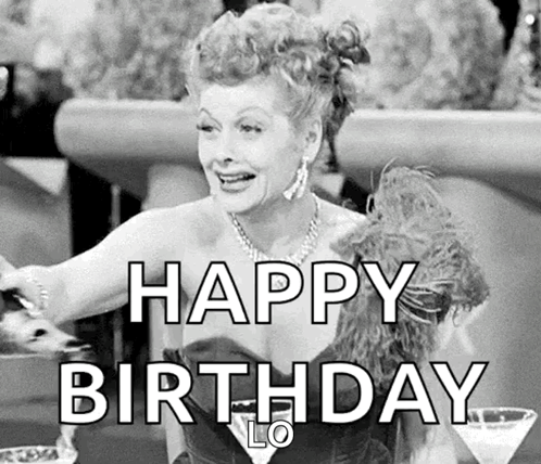 A Black And White Photo Of A Woman Sitting At A Table With A Martini And The Words `` Happy Birthday '' Written Above He GIF