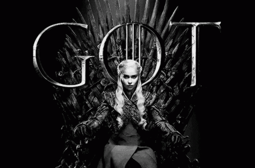 A Black And White Photo Of A Woman Sitting On A Throne With The Word Got Above Her . GIF