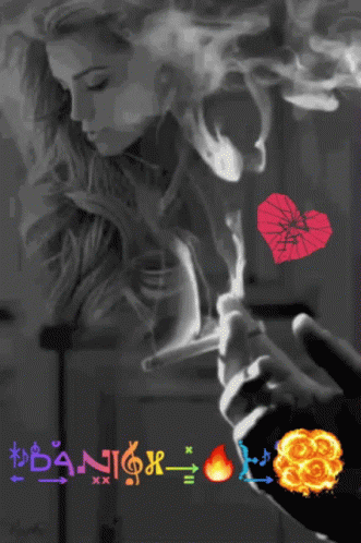 A Black And White Photo Of A Woman Smoking A Cigarette With The Words " Banish " On The Bottom Right GIF