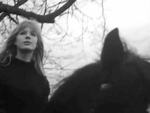 A Black And White Photo Of A Woman Standing Next To A Black Horse . GIF
