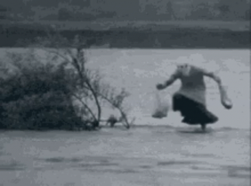 A Black And White Photo Of A Woman Walking On A Frozen Lake . GIF