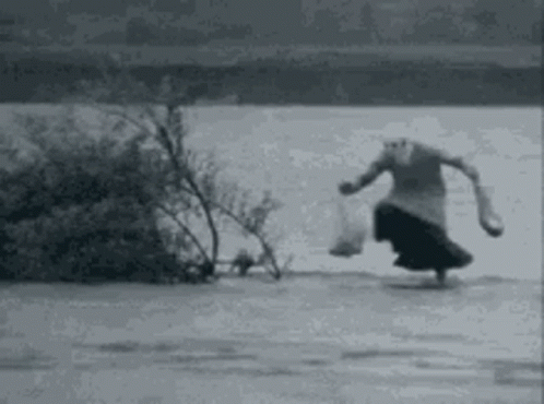 A Black And White Photo Of A Woman Walking On A Frozen Lake . GIF