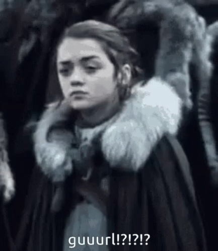 A Black And White Photo Of A Woman Wearing A Fur Coat With The Words Guuuurl ! ? ! ? . GIF