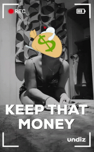 A Black And White Photo Of A Woman With A Bag Of Money On Her Head And The Words Keep That Money Underneath GIF
