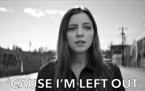 A Black And White Photo Of A Woman With The Words ' Cause I 'M Left Out ' Above Her GIF
